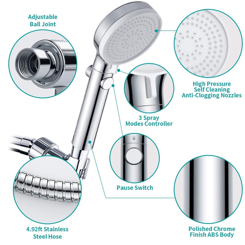 MIAOHUI Shower Head with Hose and on off Switch, 3 Setting High Pressure Handheld Shower Head, Removable Shower Head with Hose, Adjustable Angle Bracket, Low-Reach Wand Holder, Chrome - Image 5
